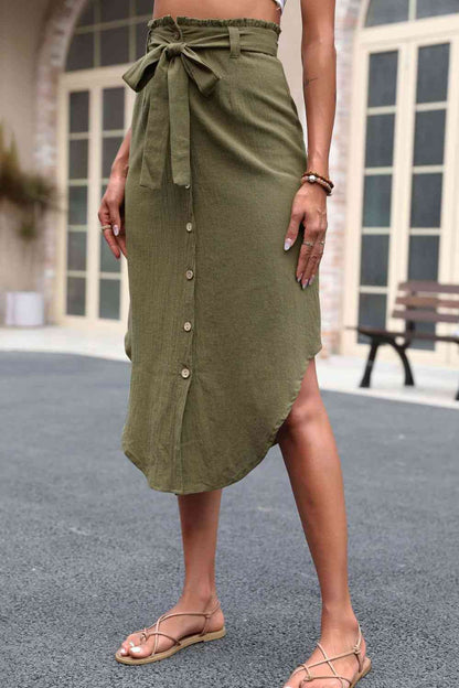 Natural Fabric Tied Belt Frill Trim Buttoned Skirt