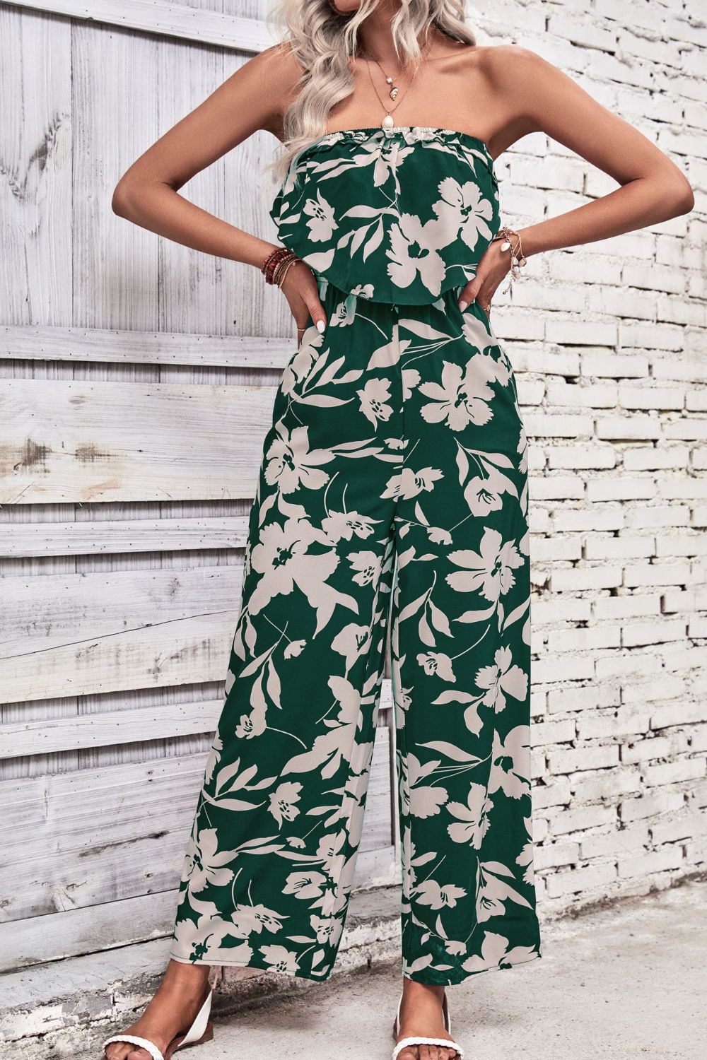 Wine Dark Red Floral Strapless Wide Leg Jumpsuit