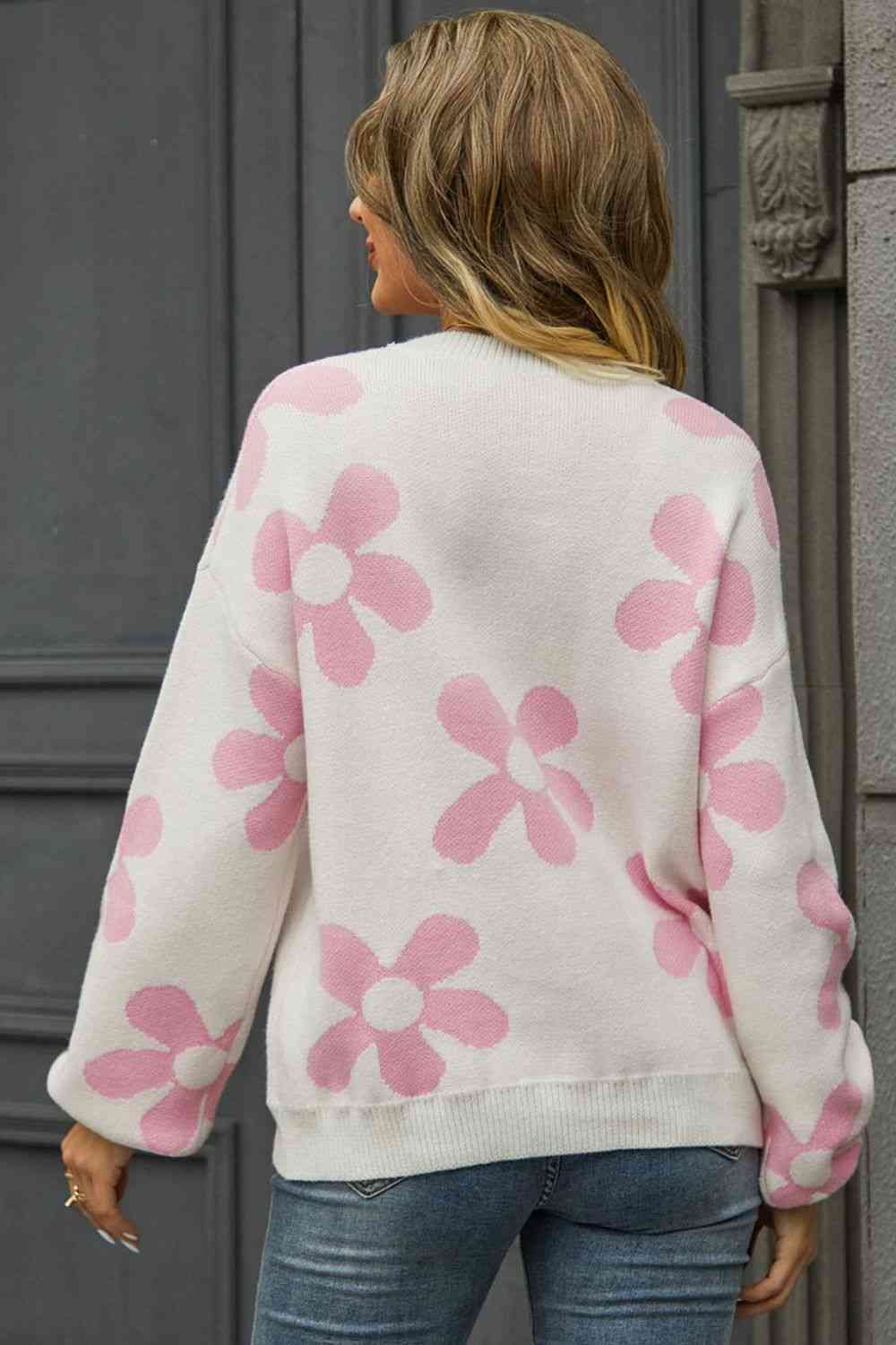 Daisy Miso Floral Print Round Neck Dropped Shoulder Pullover Sweater