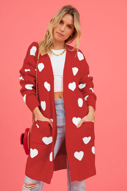 Heart Graphic Patterned Open Front Cardigan with Pockets