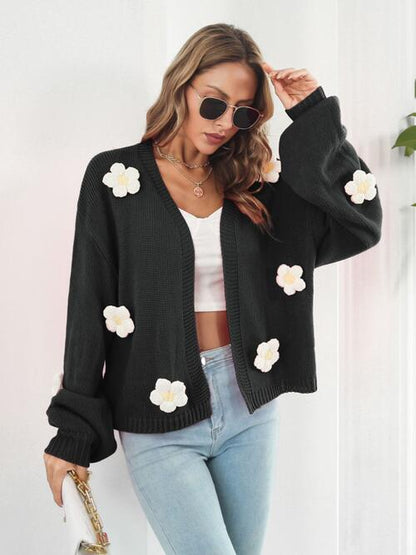 White Floral on Pink Open Front Long Sleeve Cardigan