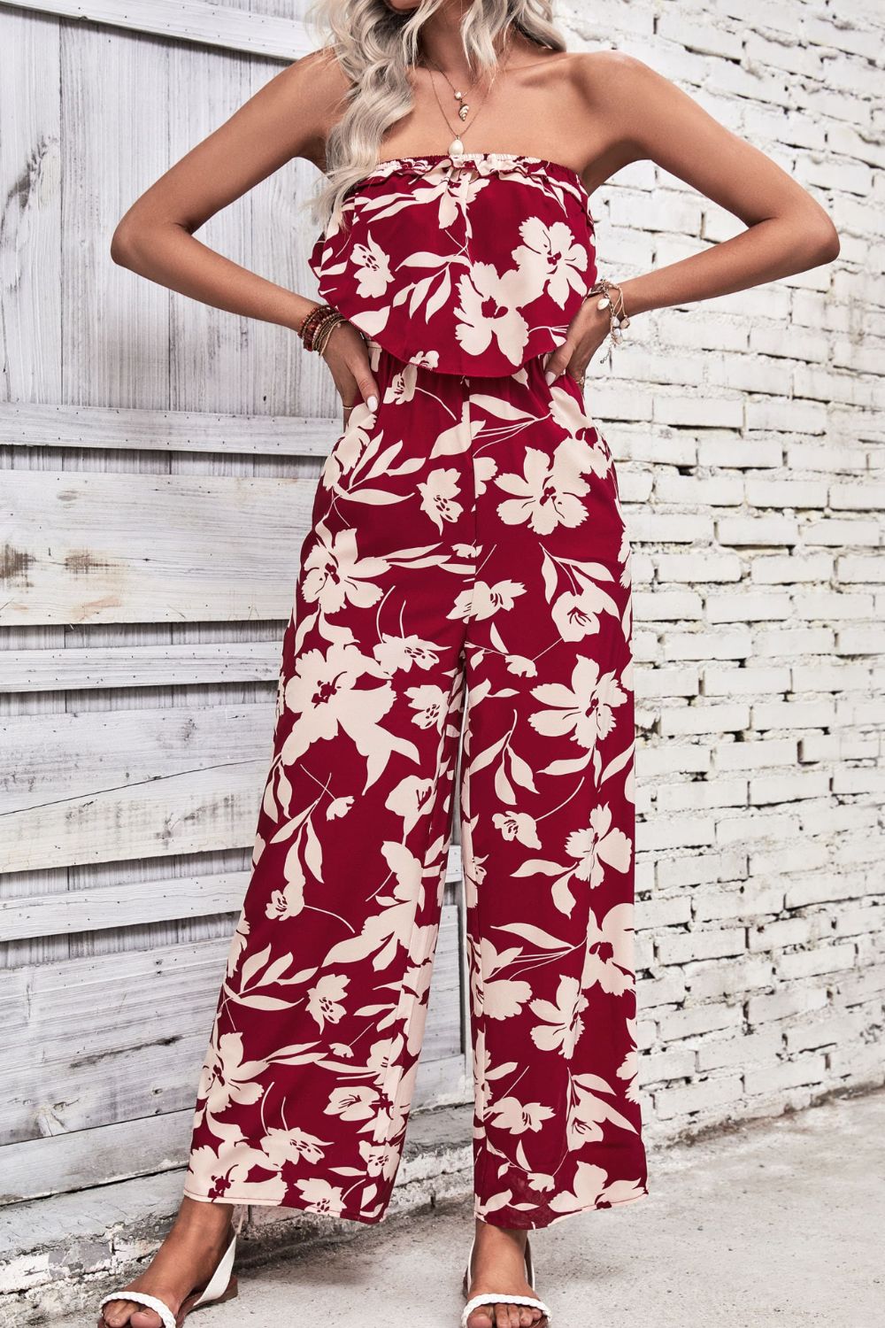 Wine Dark Red Floral Strapless Wide Leg Jumpsuit