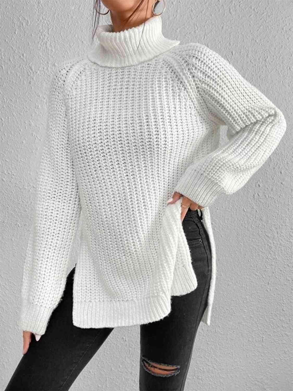 Full Size Turtleneck Rib-Knit Old Classic Forever Slit Sweater