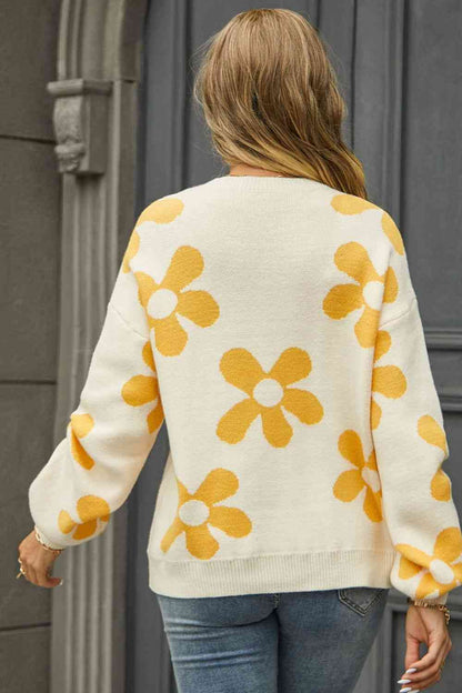 Daisy Miso Floral Print Round Neck Dropped Shoulder Pullover Sweater