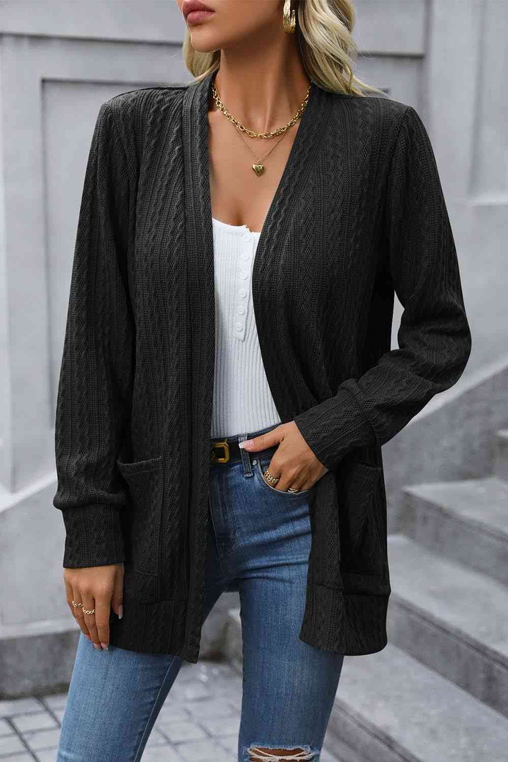 Tiny Basic Cable-Knit Long Sleeve Cardigan with Pocket