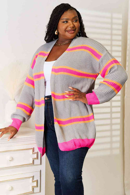 Pink and Orange Woven Stripe Right Ribbed Long Sleeve Cardigan