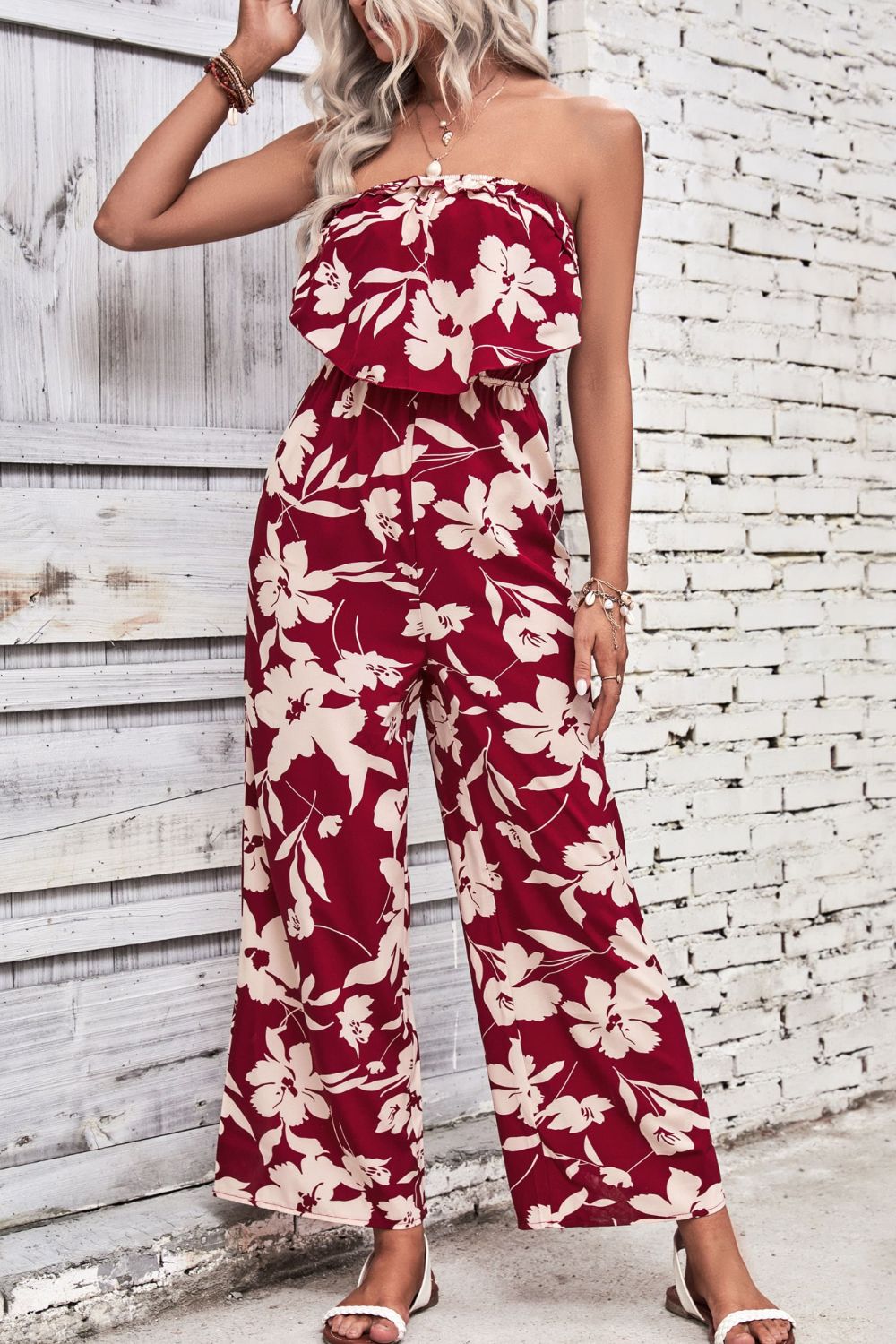 Wine Dark Red Floral Strapless Wide Leg Jumpsuit