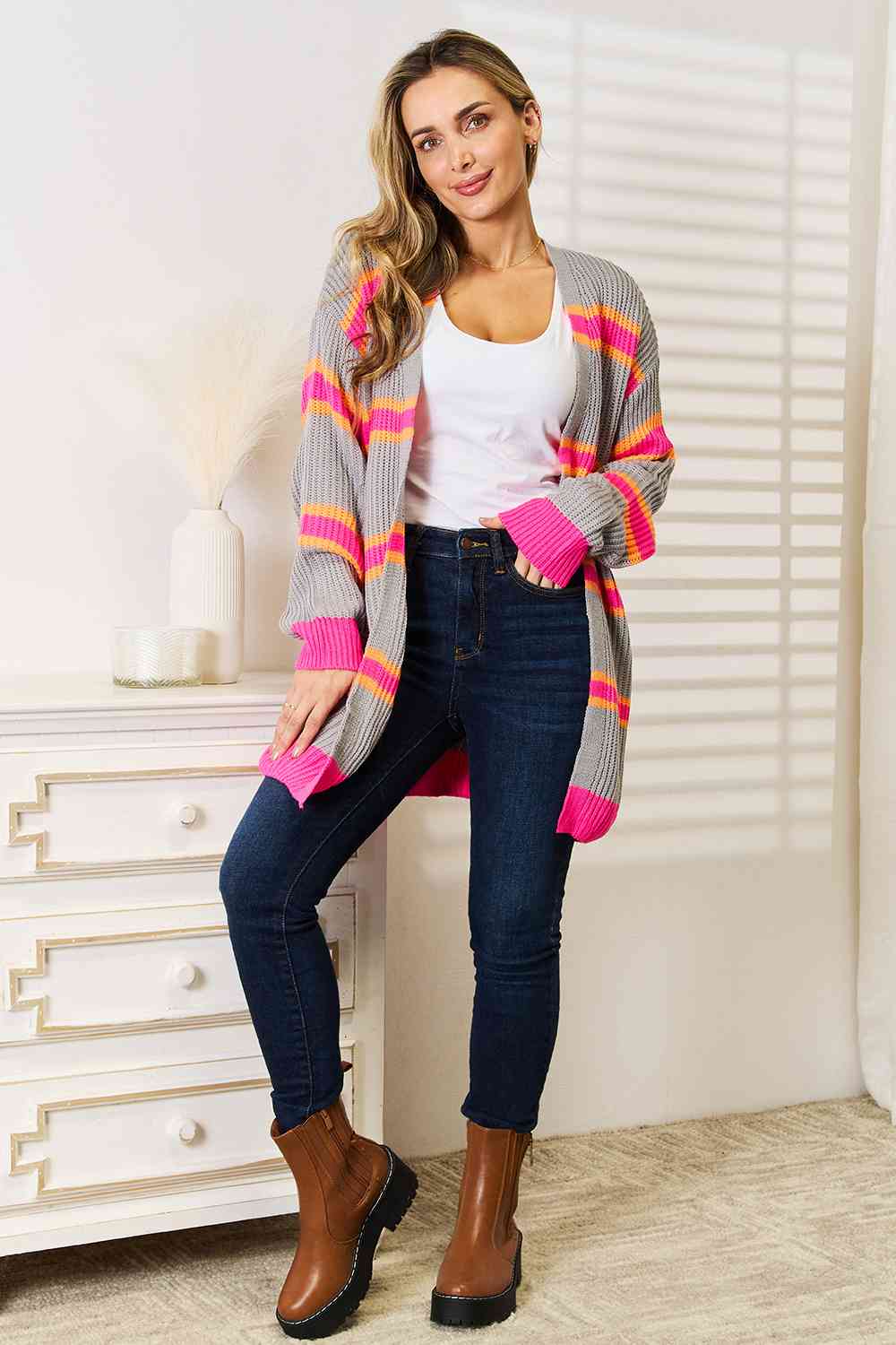 Pink and Orange Woven Stripe Right Ribbed Long Sleeve Cardigan