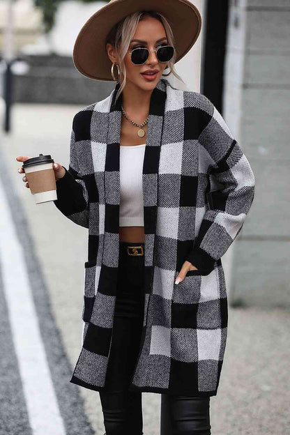 Big Plaid Dropped Shoulder Cardigan with Pocket