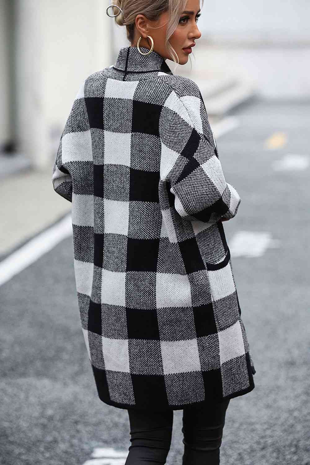 Big Plaid Dropped Shoulder Cardigan with Pocket