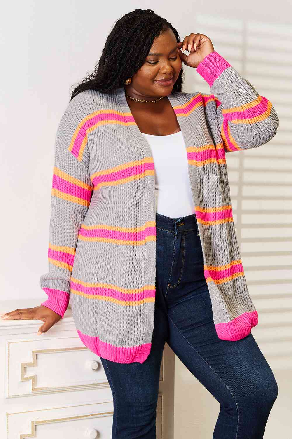 Pink and Orange Woven Stripe Right Ribbed Long Sleeve Cardigan