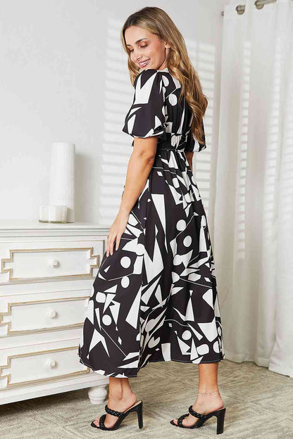 Organic Mud leaves Double Take Printed Surplice Balloon Sleeve Dress