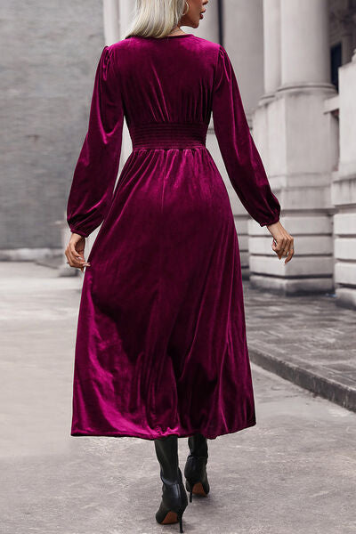 Tempting Cerise Color Velvet Lace Detail V-Neck Balloon Sleeve Midi Dress