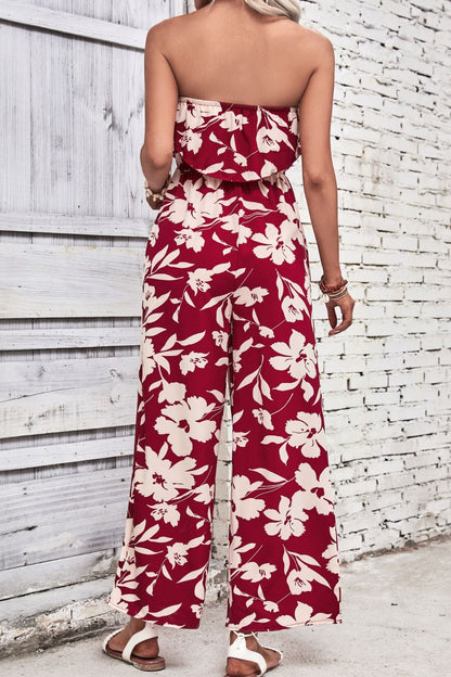 Wine Dark Red Floral Strapless Wide Leg Jumpsuit