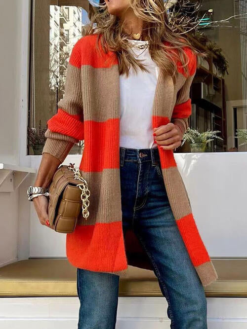 Red Orange/Black Big Stripe Contrast Open Front Long Sleeve Cardigan