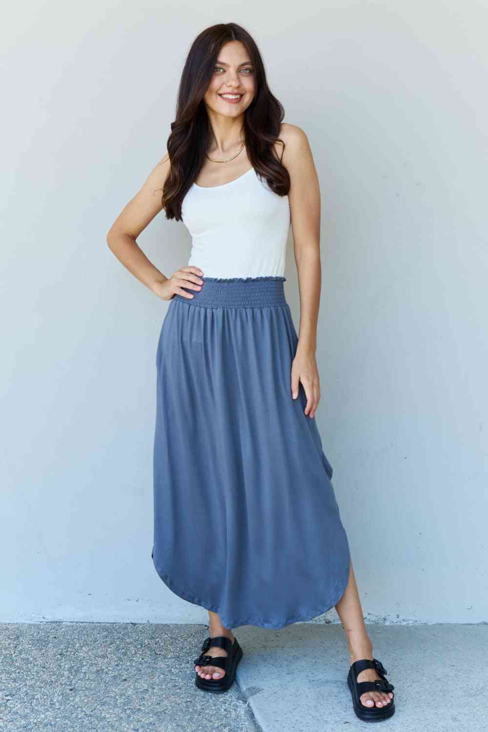 Lounge Easy care Comfort Princess Full Size High Waist Scoop Hem Maxi Skirt in Dusty Blue