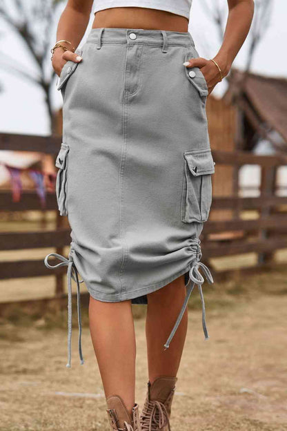 College Drawstring Both Side Pocket Denim Cargo Skirt