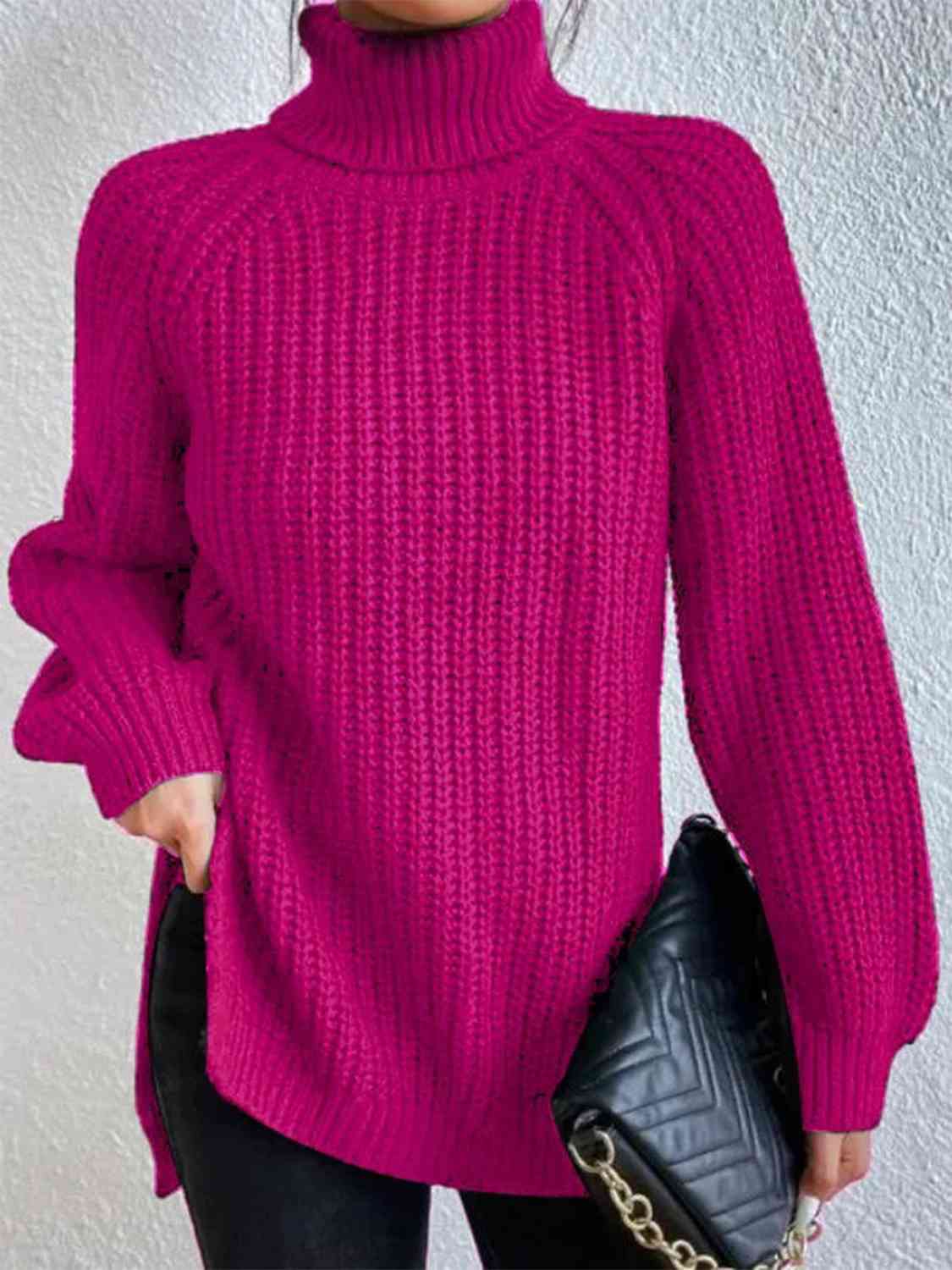 Full Size Turtleneck Rib-Knit Old Classic Forever Slit Sweater