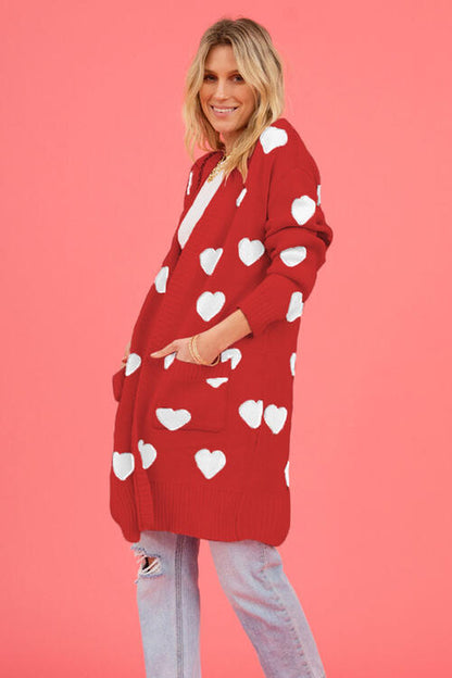 Heart Graphic Patterned Open Front Cardigan with Pockets