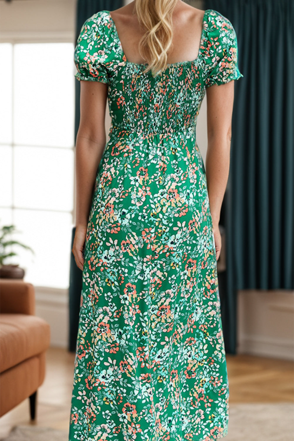 Brilliant Green Slit Printed Short Sleeve Midi Dress