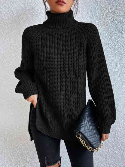 Full Size Turtleneck Rib-Knit Old Classic Forever Slit Sweater