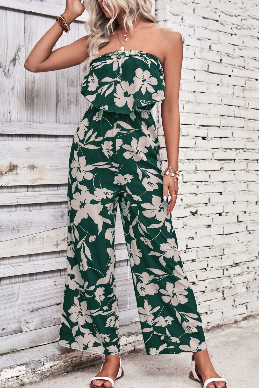 Wine Dark Red Floral Strapless Wide Leg Jumpsuit