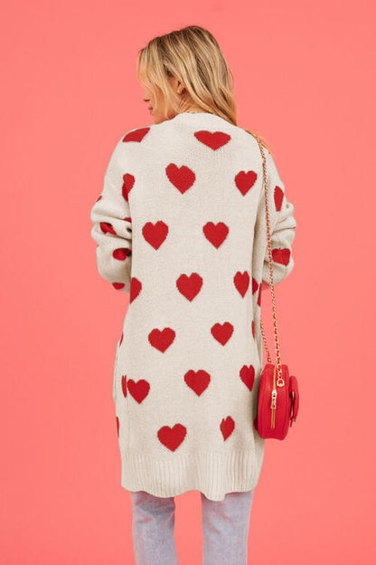 Heart Graphic Patterned Open Front Cardigan with Pockets