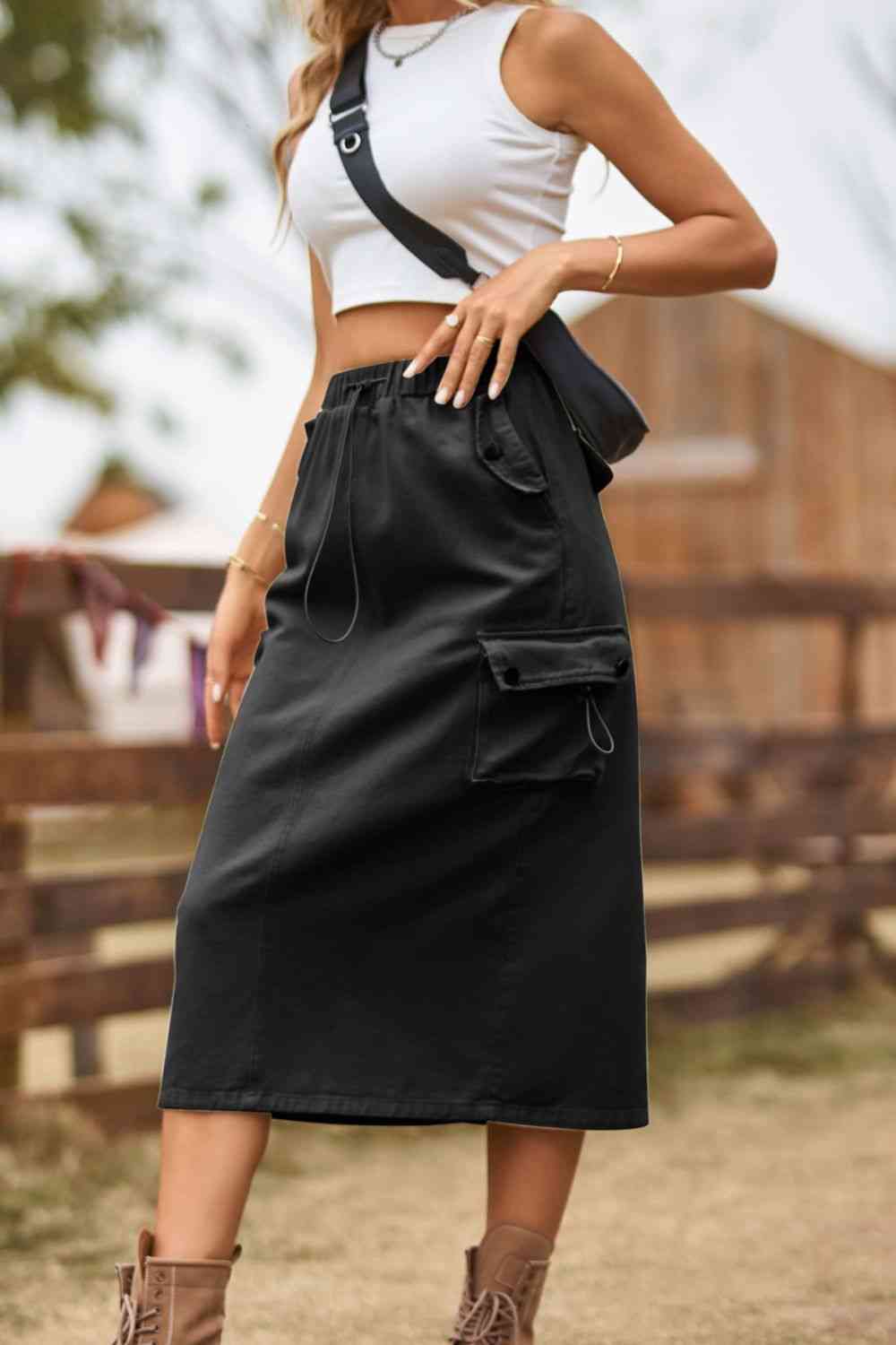 Tan/Green/ Black Pocket Drawstring Waist Slit Denim Skirt