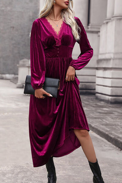 Tempting Cerise Color Velvet Lace Detail V-Neck Balloon Sleeve Midi Dress