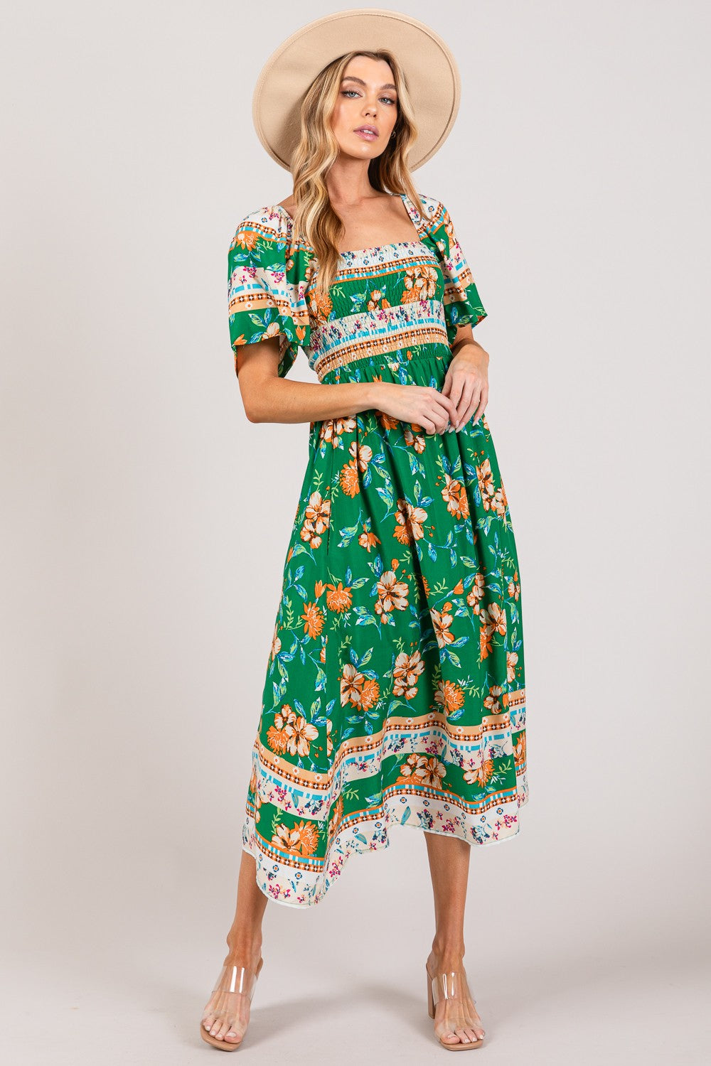 Square Neck Printed Smocked Short Sleeve Midi Dress