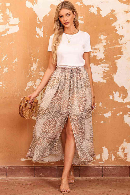 Tiny Brown Floral Buttoned Front Slit Skirt