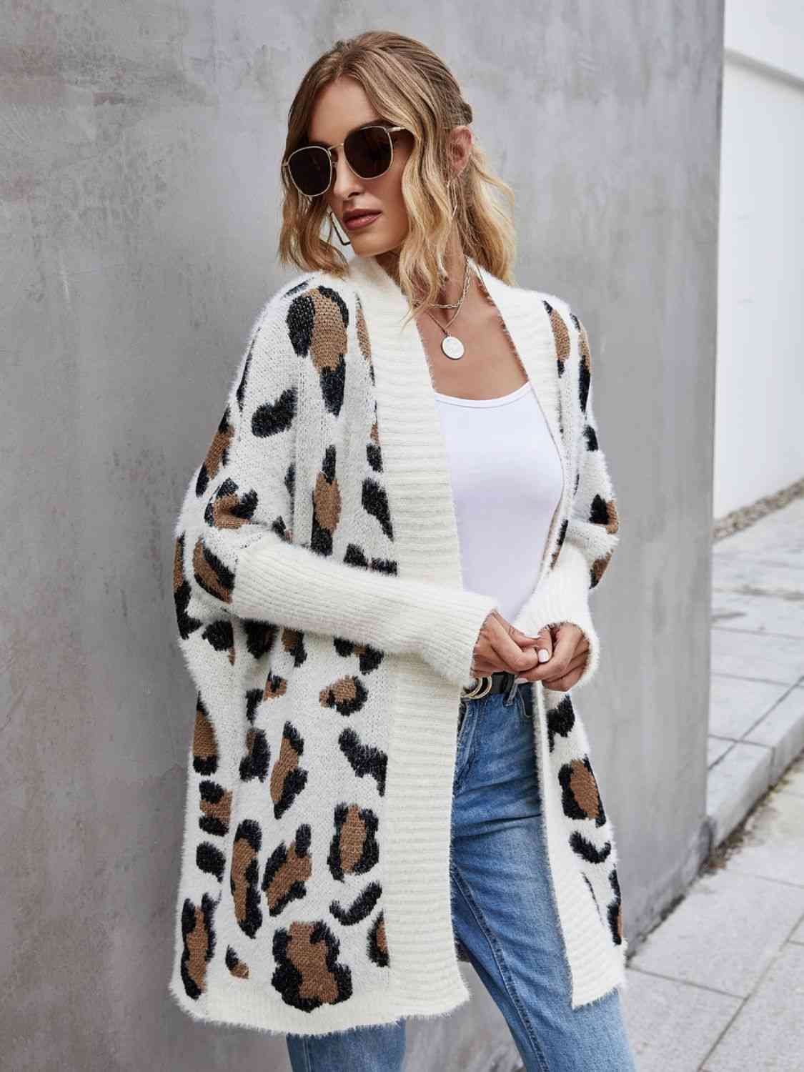 White Brown Animal pattern Contrast Leopard Pattern Sands Fuzzy Cardigan