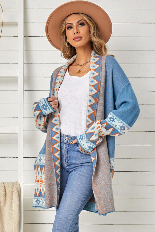 Geometric Indian Pattern Open Front Long Sleeve Cardigan