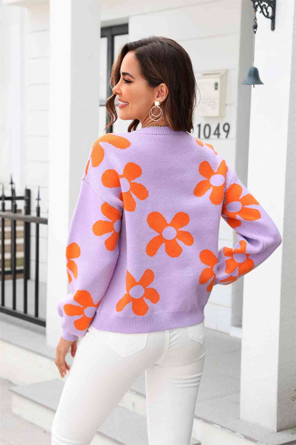 Daisy Miso Floral Print Round Neck Dropped Shoulder Pullover Sweater