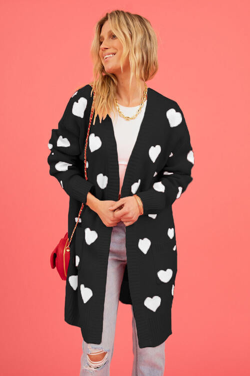Heart Graphic Patterned Open Front Cardigan with Pockets