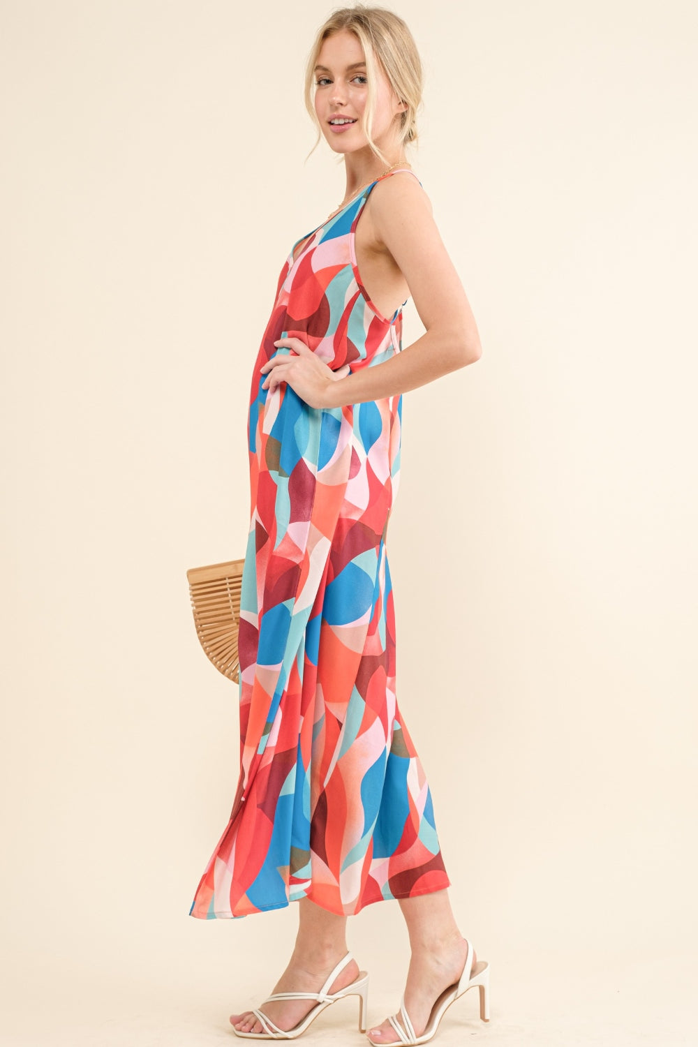 Red And Blue Printed Crisscross Back Cami Dress