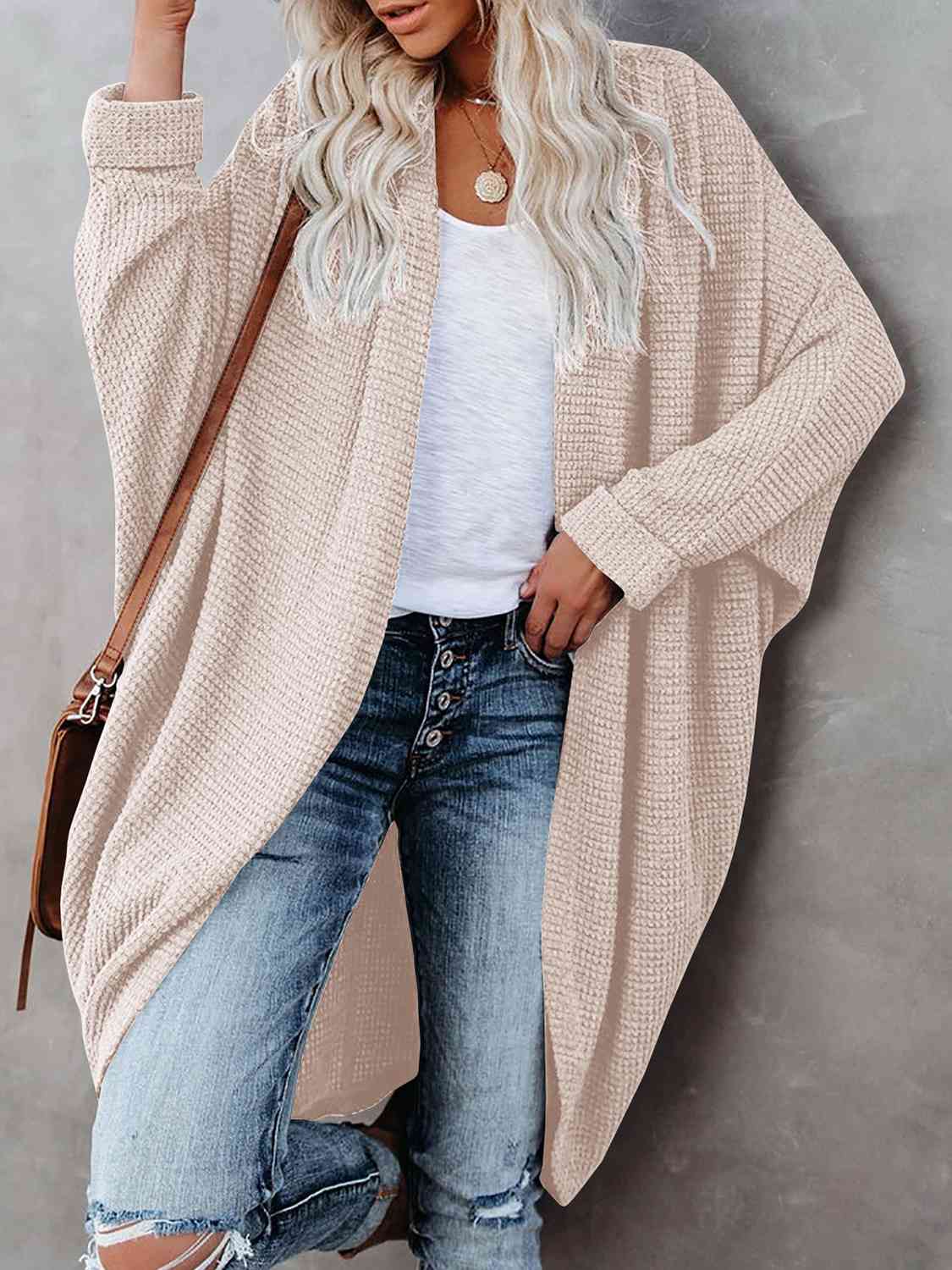 Cream Pink Box Open Front Long Sleeve Cardigan