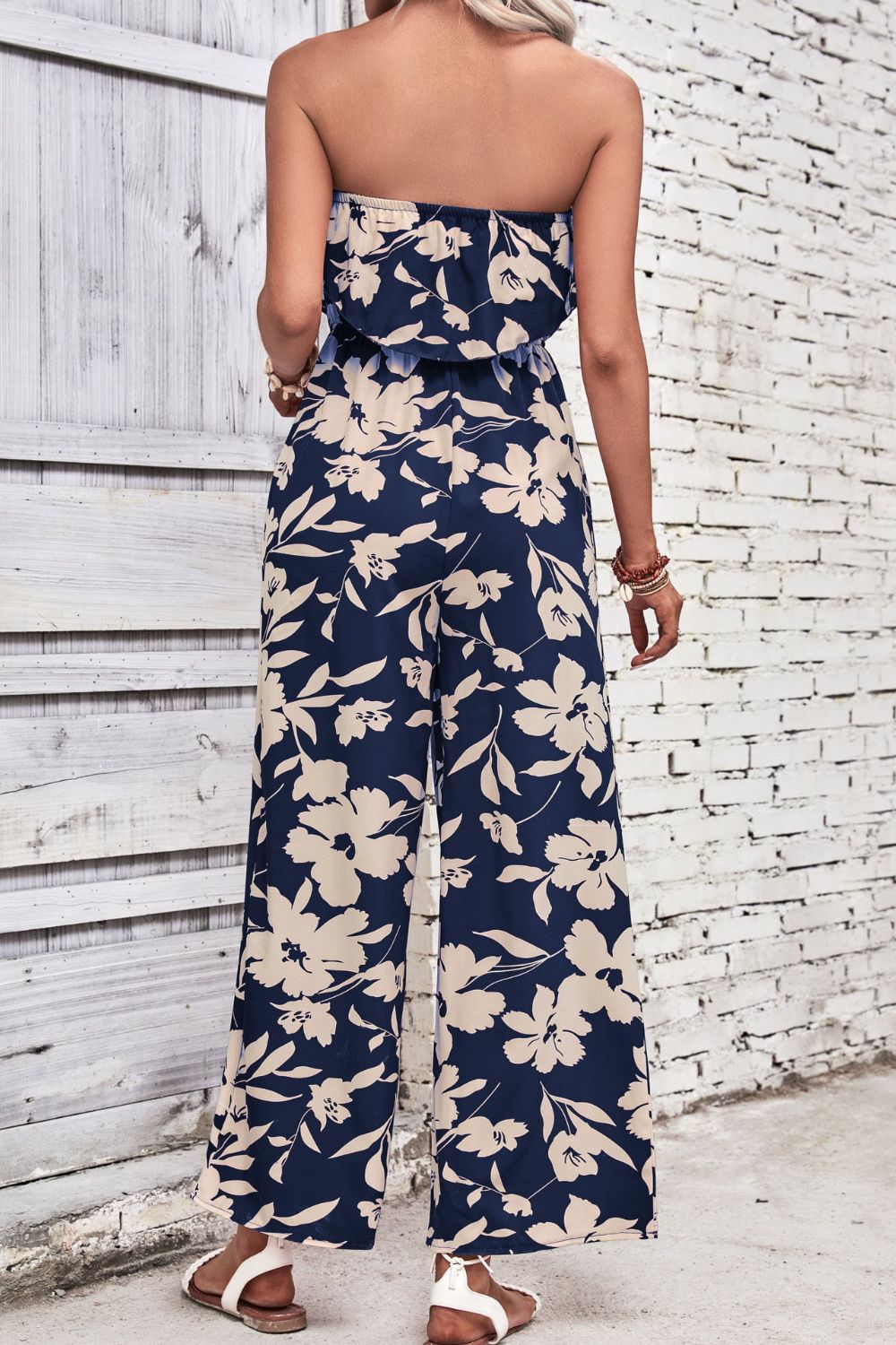 Wine Dark Red Floral Strapless Wide Leg Jumpsuit