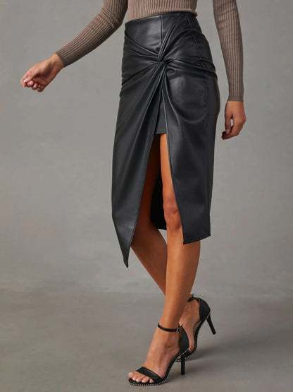 Leather Pencil Open Edge Twist Crossover Detail High Waist Skirt-Black/Brown