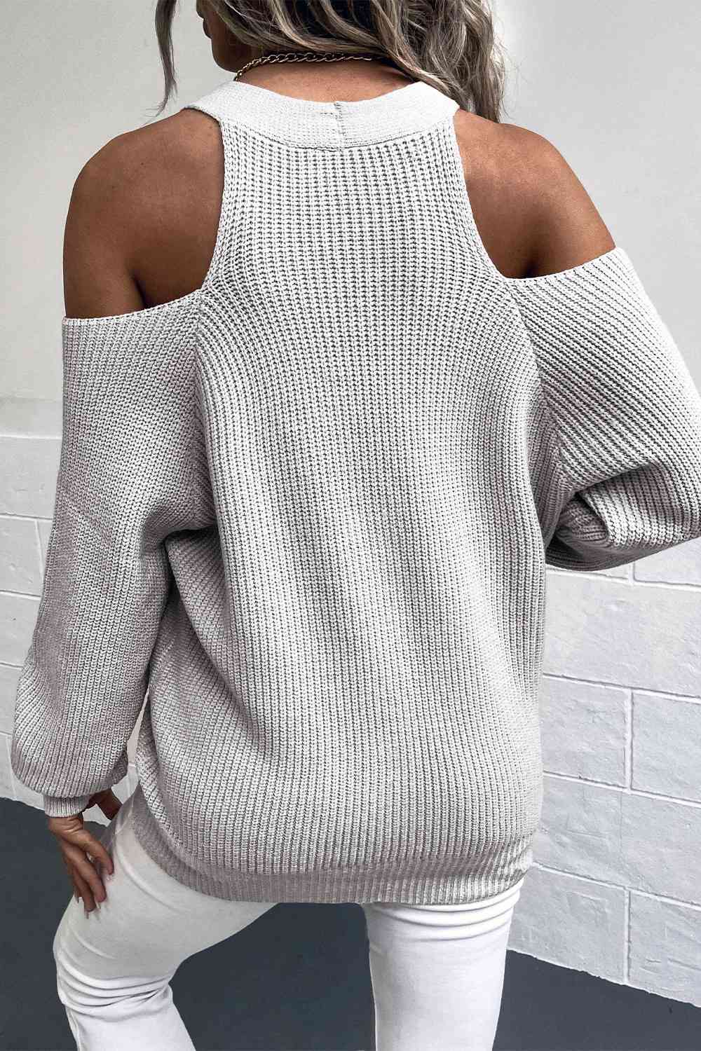 Cold Shoulder Basic Meeting Look Plunge Neck Ribbed Cardigan