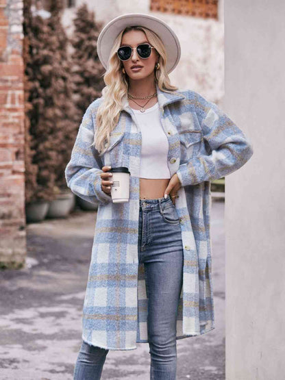 Pink and Light Blue Big Plaid Spring/Fall Dropped Shoulder Slit Shirts Cardigan Coat