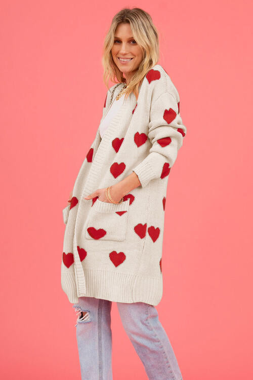 Heart Graphic Patterned Open Front Cardigan with Pockets