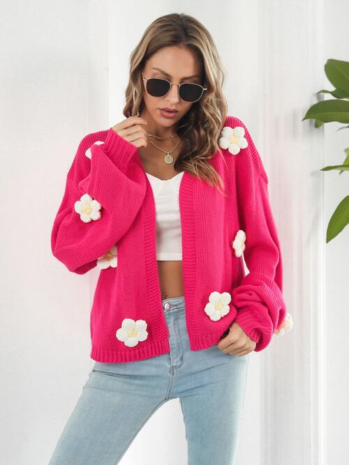 White Floral on Pink Open Front Long Sleeve Cardigan