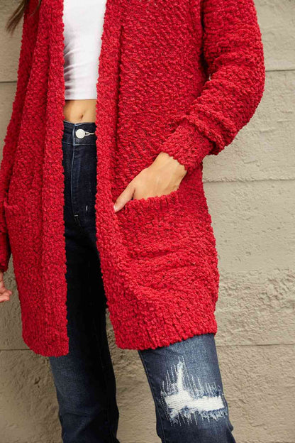 Deep Red Zenana Falling puff fur Full Size Open Front Popcorn Cardigan