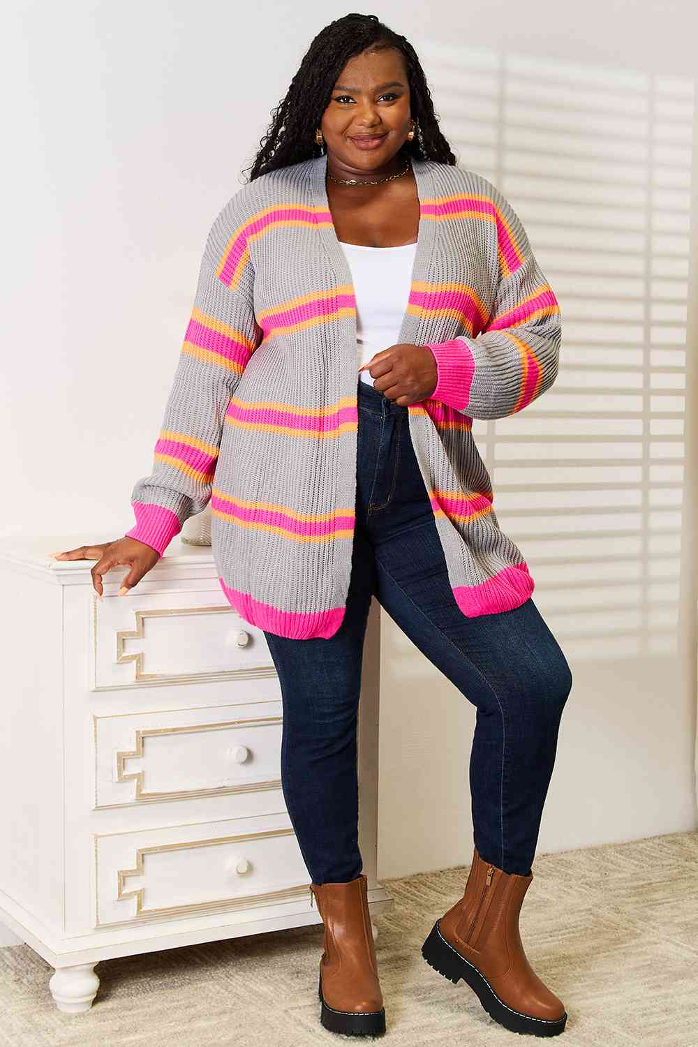 Pink and Orange Woven Stripe Right Ribbed Long Sleeve Cardigan