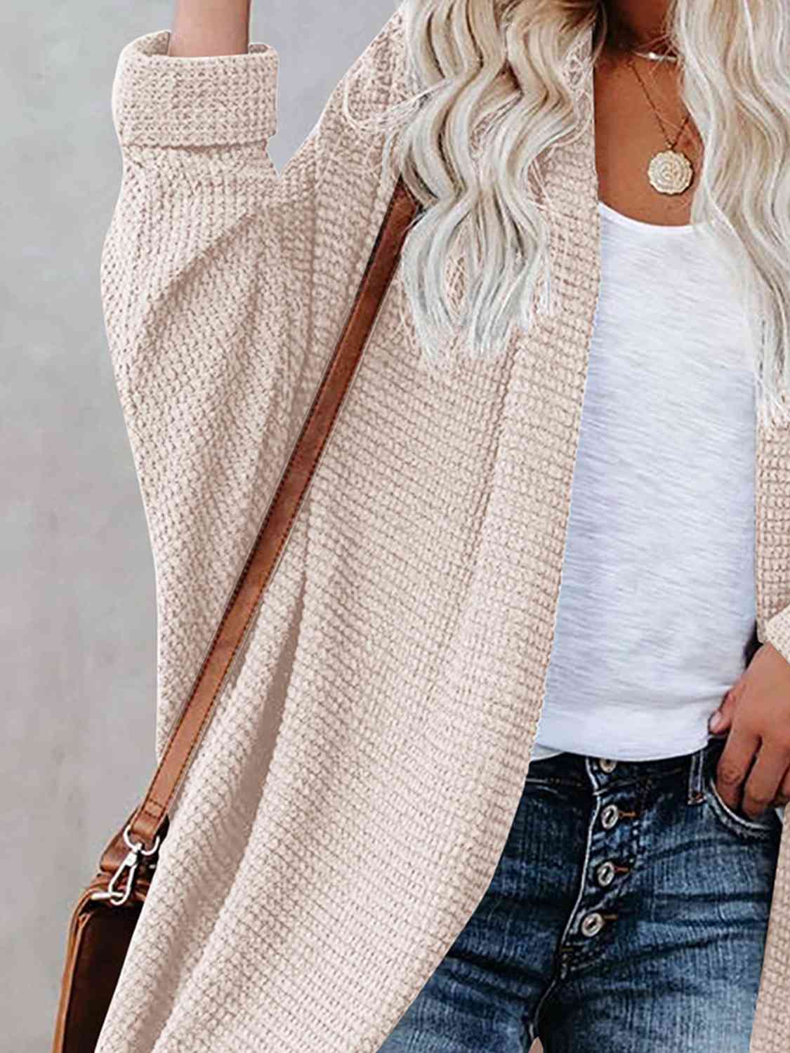 Cream Pink Box Open Front Long Sleeve Cardigan