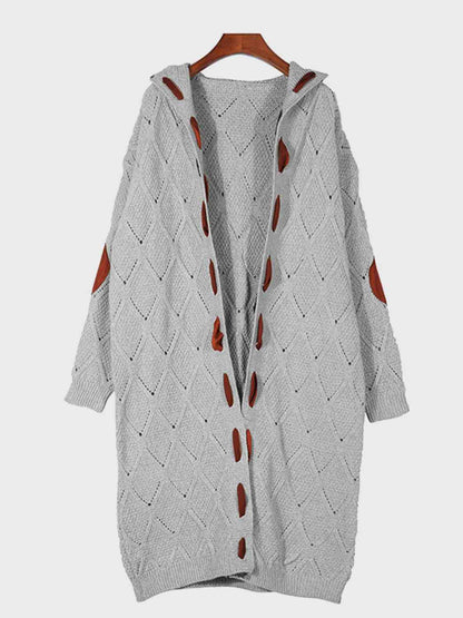 Natural Stylish Openwork Long Sleeve Open Front Hooded Cardigan