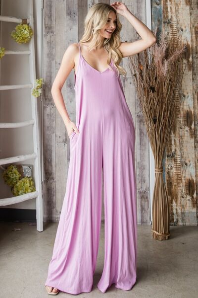 lavender Pink Pocketed Spaghetti Strap V-Neck Wide Leg Jumpsuit