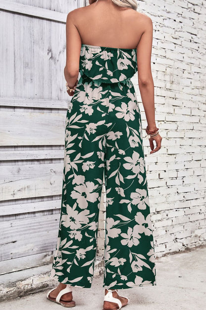 Wine Dark Red Floral Strapless Wide Leg Jumpsuit