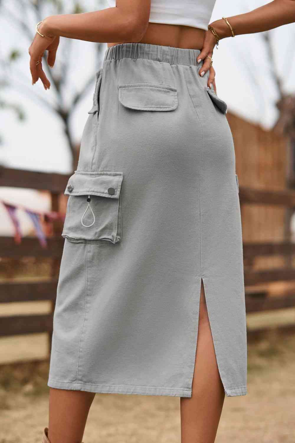 Tan/Green/ Black Pocket Drawstring Waist Slit Denim Skirt